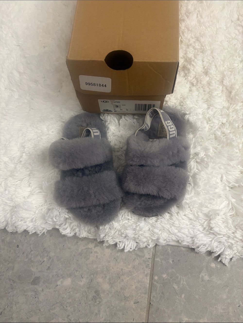 UGG Gray Fluff Slide with Logo Heel Strap